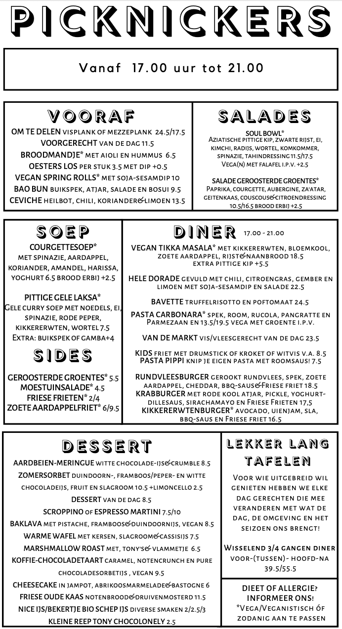 Restaurant Terherne menukaart diner - Picknickers